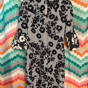 DKNY Black and White Lace Print Sheath Dress with Bell Sleeves
